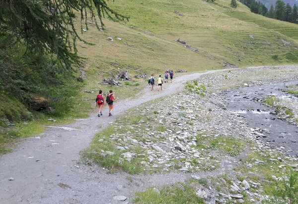 Su un sentiero lungo un piccolo corso d'acqua ci sono alcuni escursionisti di schiena. Due ragazze in primo piano con zaino rosso e quattro ragazzi più avanti. intorno pendii erbosi e qualche larice